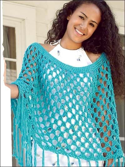 Light & Airy Poncho - Just right for spring - Extra-lacy, extra-easy poncho is made with medium (worsted) weight yarn and size P hook. One size fits most.  Skill Level: Beginner  Designed by Eleanor Shnier  free pdf from freepatterns.com