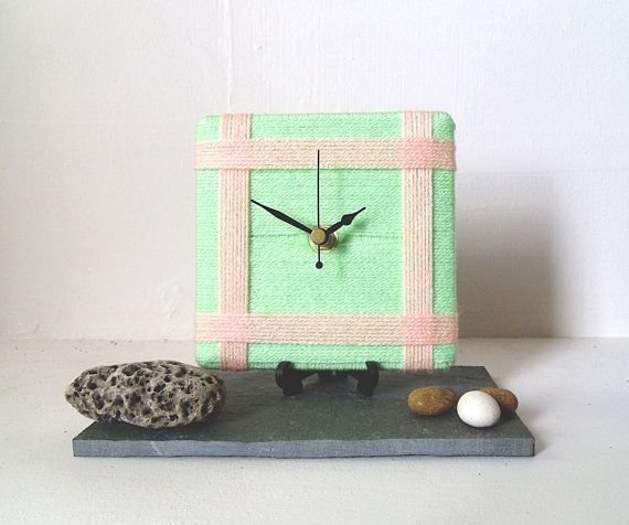 Desk Clock / Small Wall Clock Mint and Peach Wool Yarn Clock  - Pale Green Salmon Pink #Etsy #EtsyAAA