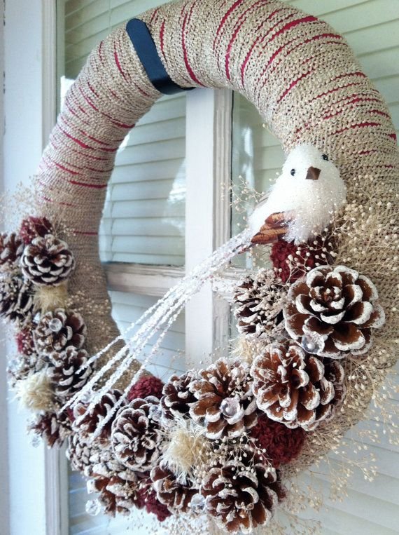 pine cones wreath | Winter Holiday Yarn Wreath with Frosted Pine Cones, White Bird, and ...